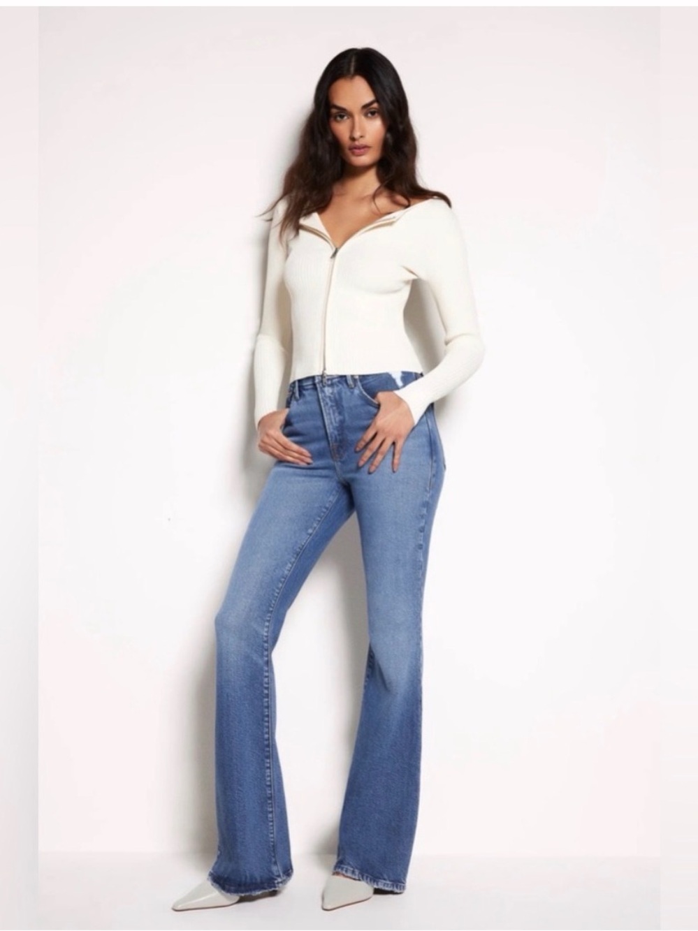 Good American Cream Ribbed Zip-Front V-Neck Sweater - Picture 2 of 5